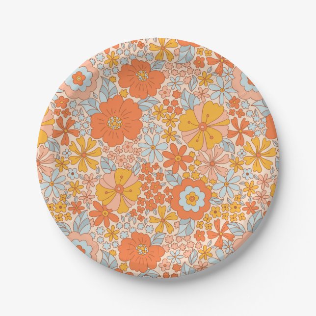 Orange Retro Flower Pattern Paper Plates (Front)