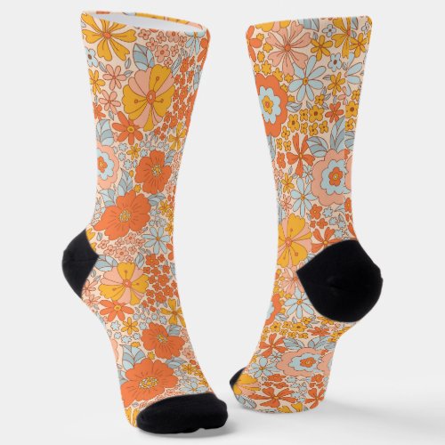 Orange Retro Flower Pattern Socks