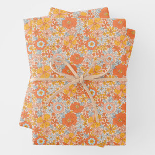Orange Retro Flower Pattern Wrapping Paper Sheets
