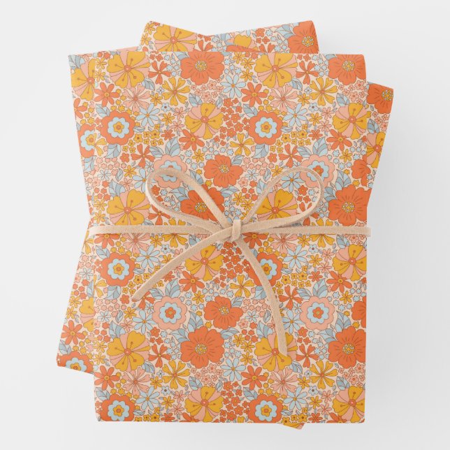 Orange Retro Flower Pattern Wrapping Paper Sheets (In situ)