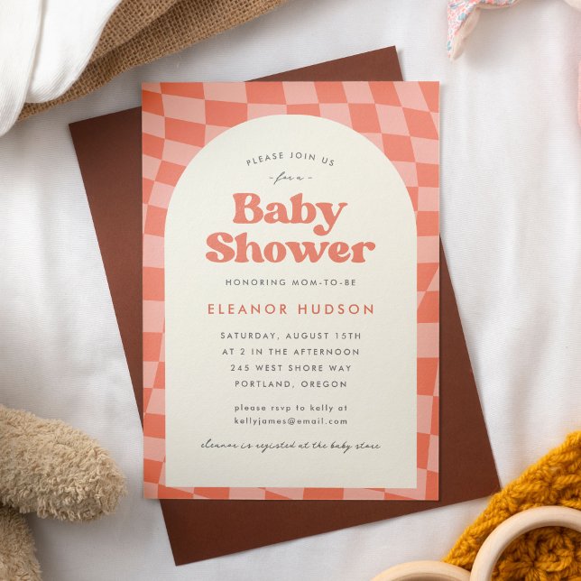 Orange Retro Groovy 70s Checkerboard Baby Shower Invitation (Groovy, retro, 70s baby shower invitation with orange checkerboard pattern)