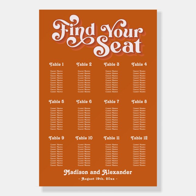 Orange Retro Groovy Disco Wedding Seating Chart  Foam Board (Front)