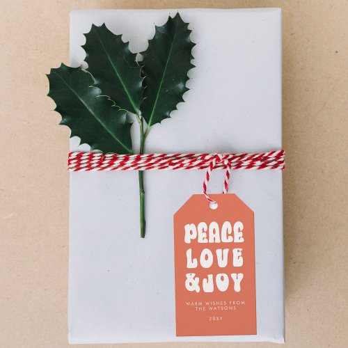 Orange Retro Groovy Peace Love Joy Holiday Gift Tags