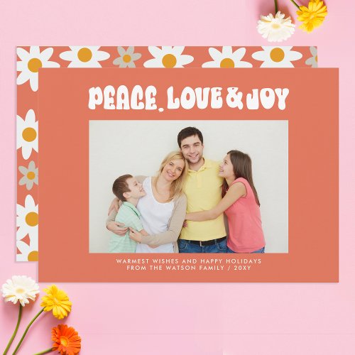 Orange Retro Groovy Peace Love Joy Photo Holiday Card