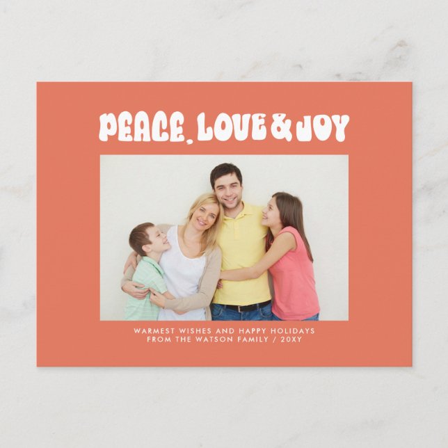 Orange Retro Groovy Peace Love Joy Photo Holiday Postcard (Front)