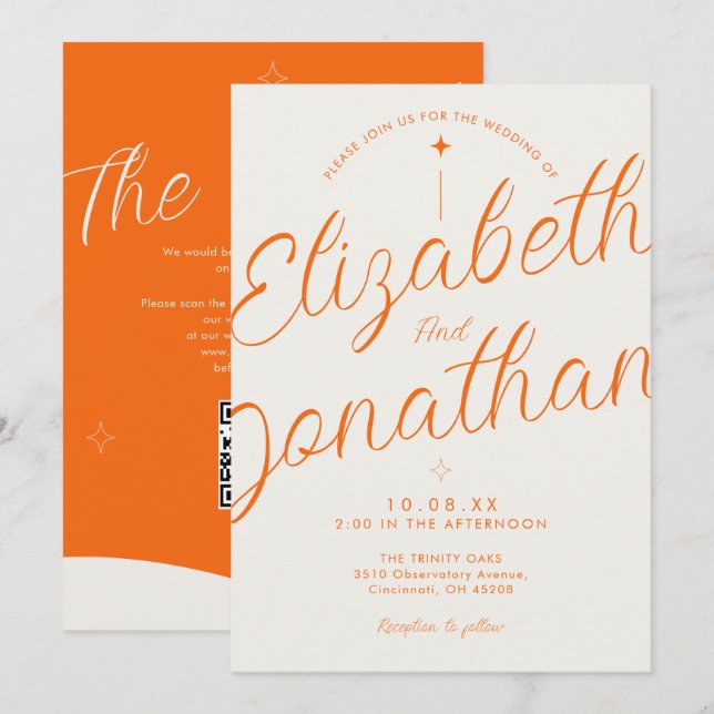 Orange Retro Modern Bold QR Code Wedding Invitation (Front/Back)