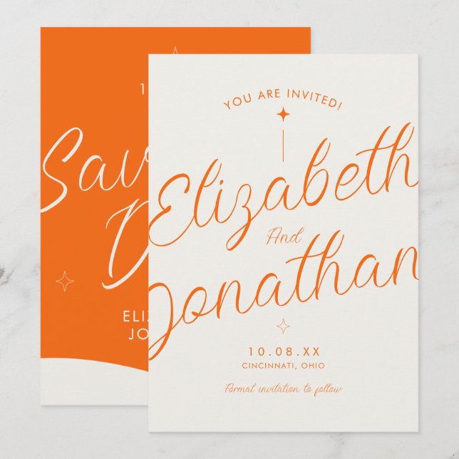Orange Retro Modern Bold Script Wedding Save The Date (Front/Back)