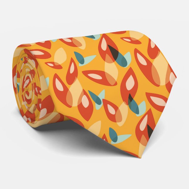 Orange Retro Modern Geometric Leaves 70s Pattern Neck Tie (Rolled)