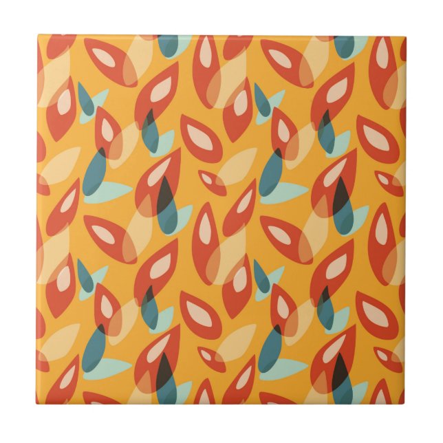 Orange Retro Modern Geometric Leaves 70s Pattern Tile (Front)