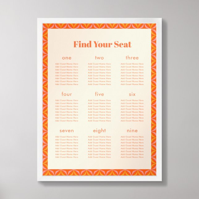 Orange Retro Petal Border Wedding Seating Chart (Framed Front)