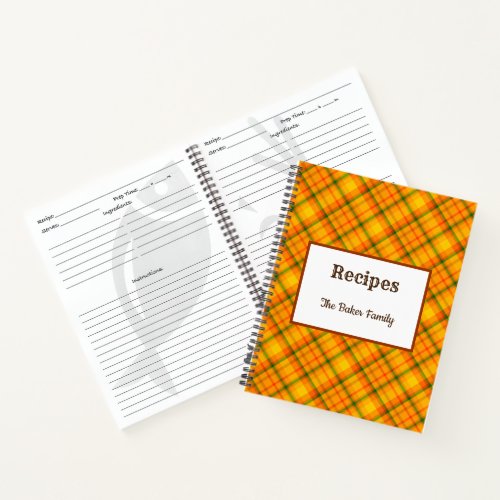 Orange Retro Plaid Editable Recipe Notebook