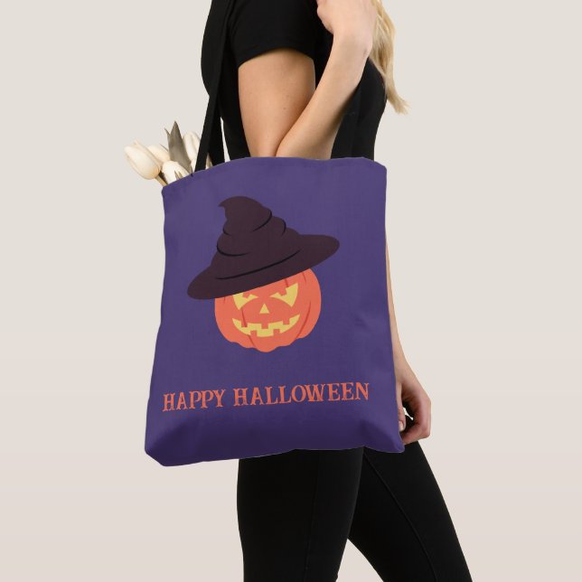 Orange Retro Pumpkin Happy Halloween Tote Bag (Close Up)