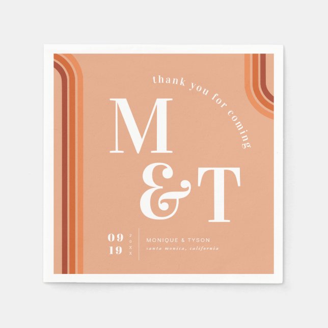 Orange Retro Seventies Stripes | Wedding Monogram Napkins (Front)