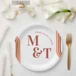 Orange Retro Seventies Stripes | Wedding Monogram Paper Plates<br><div class="desc">These wedding plates feature seventies stripes and retro typography in a modern monogram layout. Add a fun and festive touch to your celebration with personalized paper plates for weddings, birthdays and other parties. With your table décor being one of the most prominent elements in the look of your wedding reception,...</div>