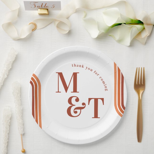 Orange Retro Seventies Stripes | Wedding Monogram Paper Plates (Wedding)