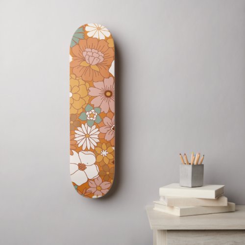 Orange Retro Style Floral Pattern Hippie Boho 70s Skateboard