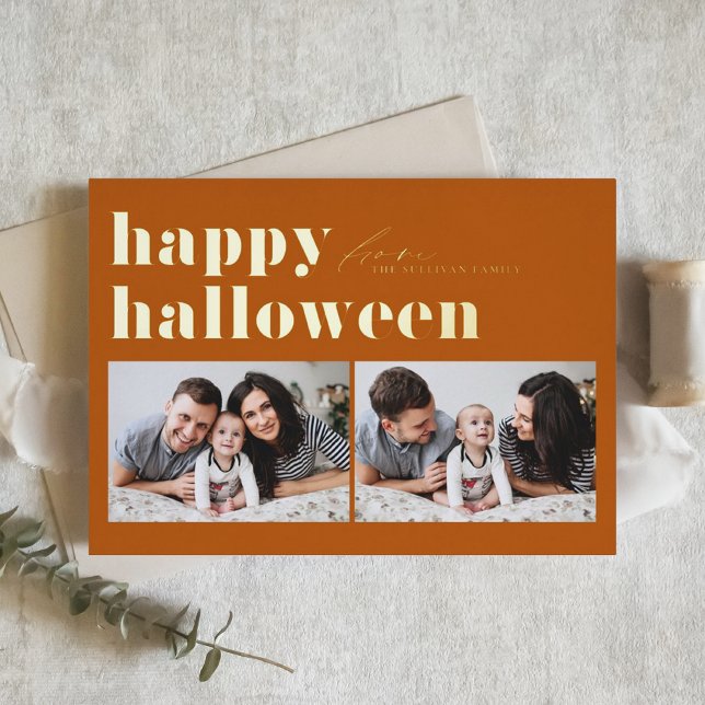 Orange Retro Typography Happy Halloween Two Photo  Foil Holiday Card (Creator Uploaded)