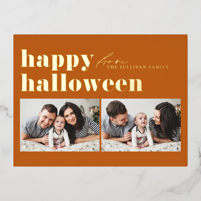 Orange Retro Typography Happy Halloween Two Photo  Foil Holiday Postcard (Front)
