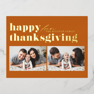 Orange Retro Typography Happy Thanksgiving Photo Foil Holiday Postcard