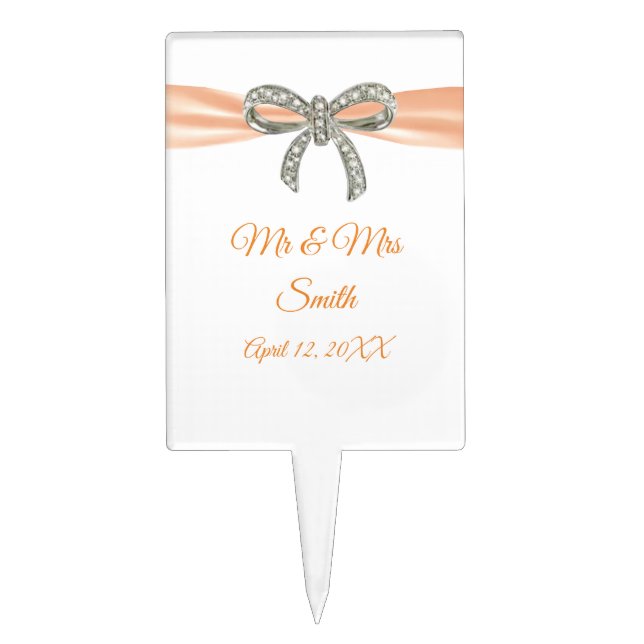 Orange Ribbon Diamond Bow Wedding Cake Topper (Front)