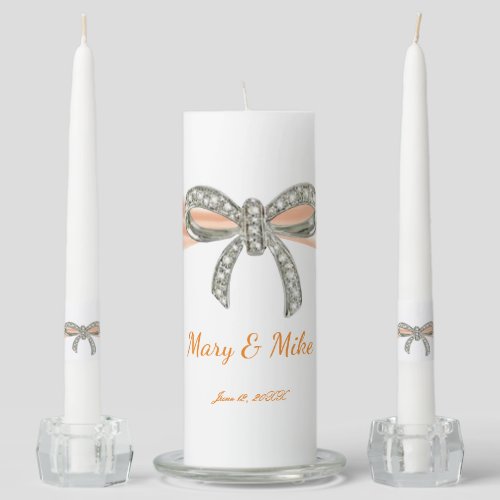 Orange Ribbon Diamond Bow Wedding Unity Candle Set