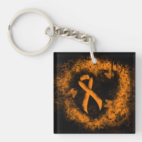 Orange Ribbon Grunge Heart Keychain