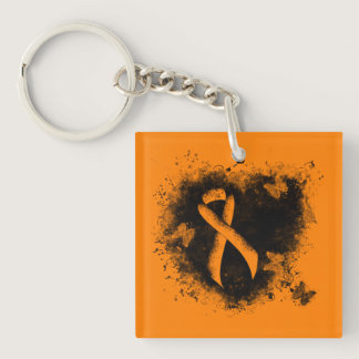 Orange Ribbon Grunge Heart Keychain