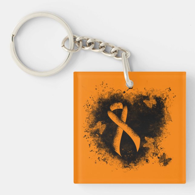 Orange Ribbon Grunge Heart Keychain (Front)