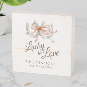 Orange ribbon lucky in love horseshoe fall wedding wooden box sign