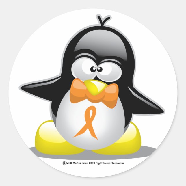 Orange Ribbon Penguin Classic Round Sticker (Front)