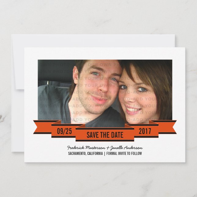 Orange Ribbon Photo Save the Date Invite (Front)