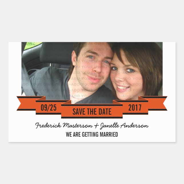 Orange Ribbon Photo Save the Date Stickers (Front)