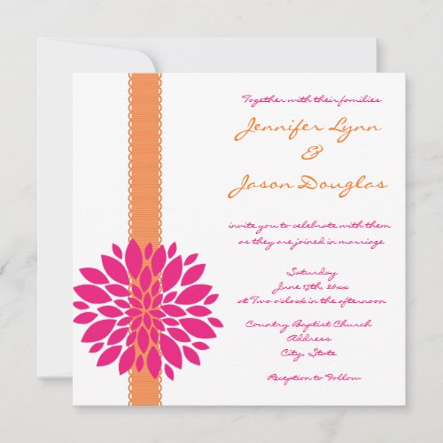 Orange Ribbon Pink Flower Wedding Invitations