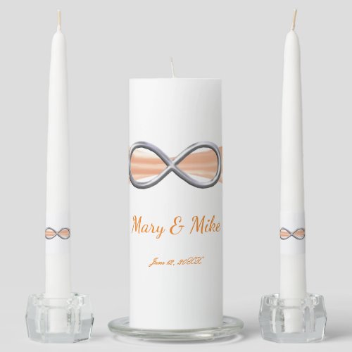 Orange Ribbon Silver Infinity Wedding Unity Candle Set