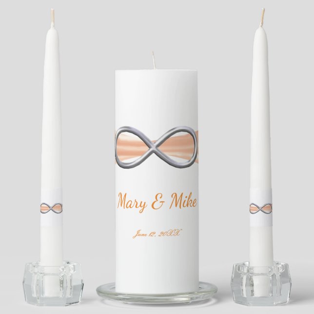 Orange Ribbon Silver Infinity Wedding Unity Candle Set (Front)