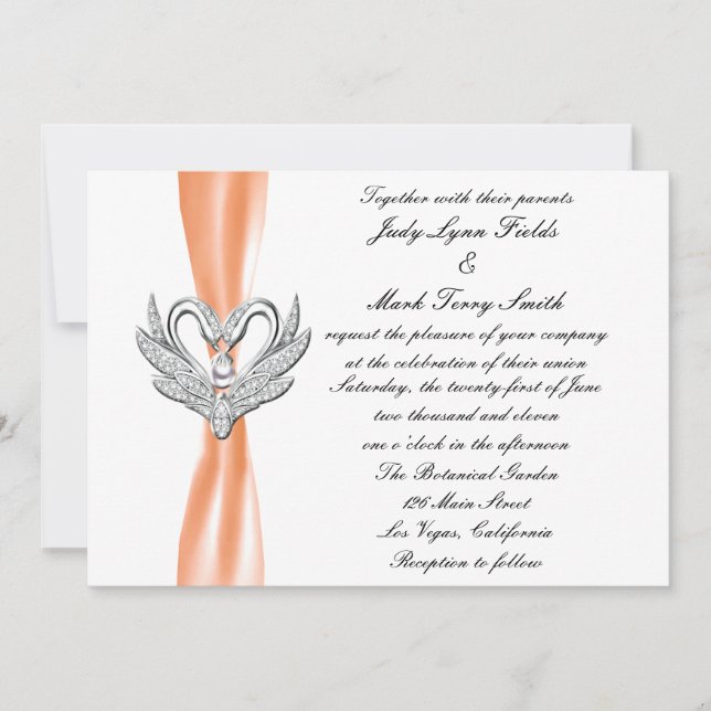 Orange Ribbon Silver Swans Invitation (Front)