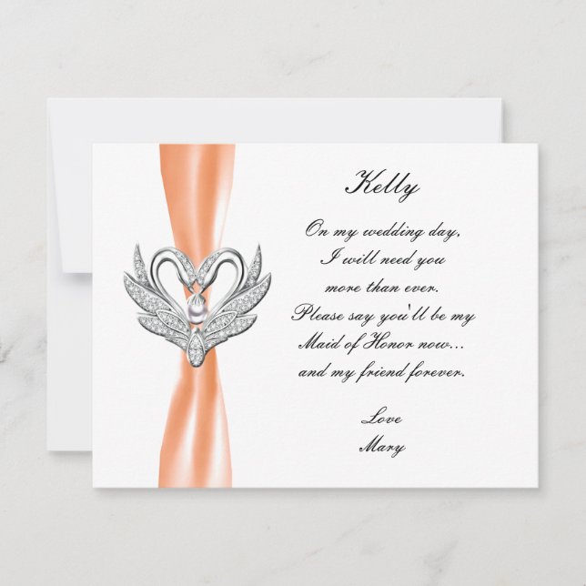 Orange Ribbon Silver Swans Maid Of Honor Card (Front)