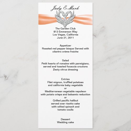 Orange Ribbon Silver Swans Menu Card