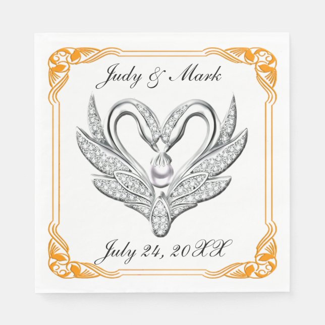 Orange Ribbon Silver Swans Paper Napkins (Front)