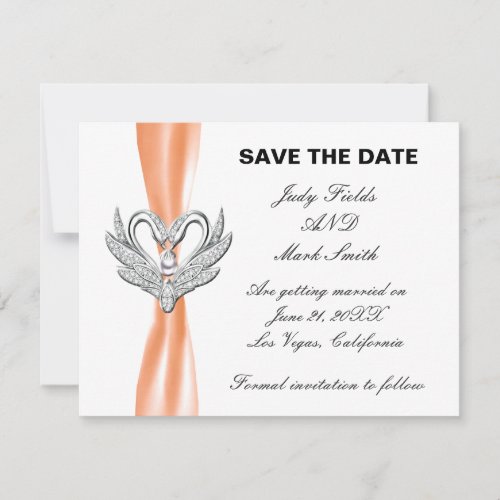 Orange Ribbon Silver Swans Save The Date Card