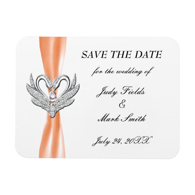 Orange Ribbon Silver Swans Save The Date Magnet (Horizontal)