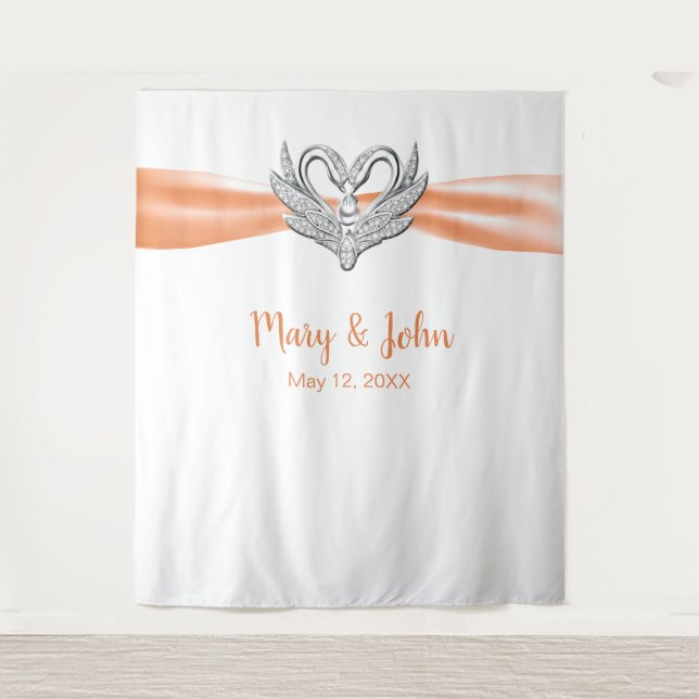 Orange Ribbon Silver Swans Wedding Backdrop (Front)