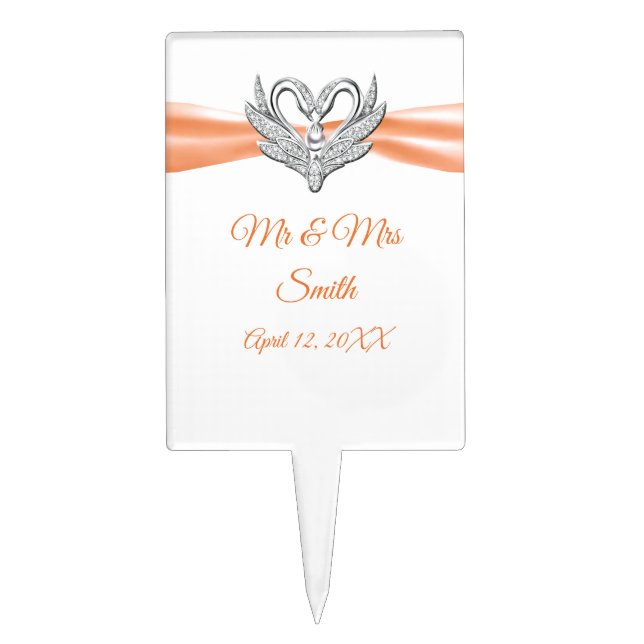 Orange Ribbon Silver Swans Wedding Cake Topper (Front)