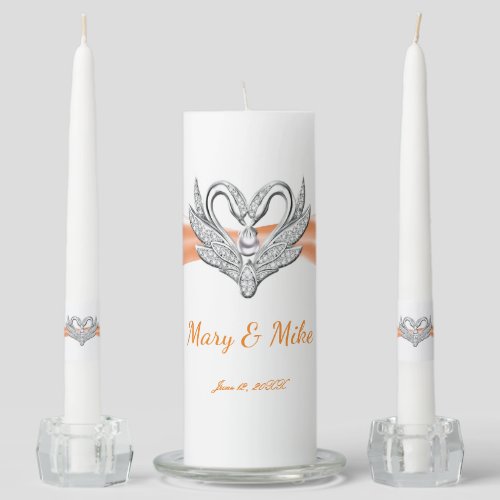 Orange Ribbon Silver Swans Wedding Unity Candle Set