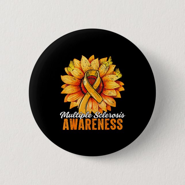 Orange Ribbon Sunflower Multiple Sclerosis Awarene Button (Front)
