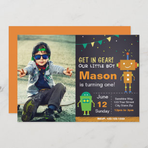 Orange Robot Birthday Invitation with photo