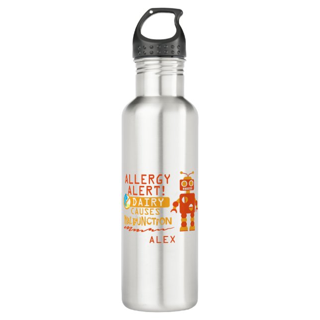 Orange Robot Dairy Allergy Alert Water Bottle (Front)