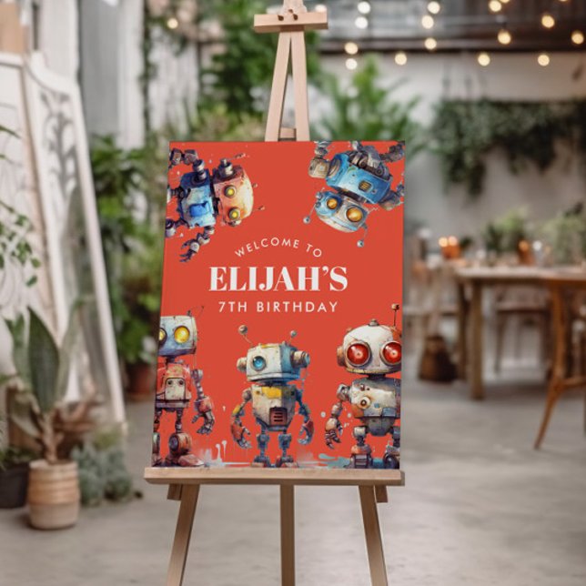 Orange Robot Tech Gear Builder Birthday Party Sign (Creator Uploaded)