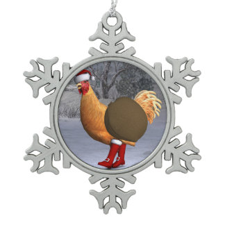 Orange Rooster Santa Claus Snowflake Pewter Christmas Ornament