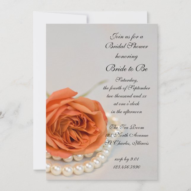 Orange Rose and White Pearls Bridal Shower Invitation (Front)